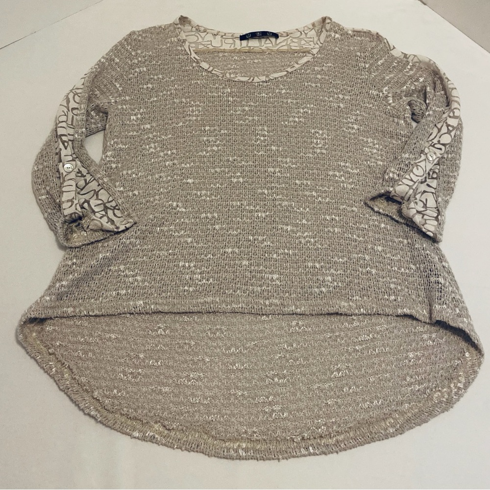 COIN 1804 Beige Knit Sweater Patterned Sleeves, Size L